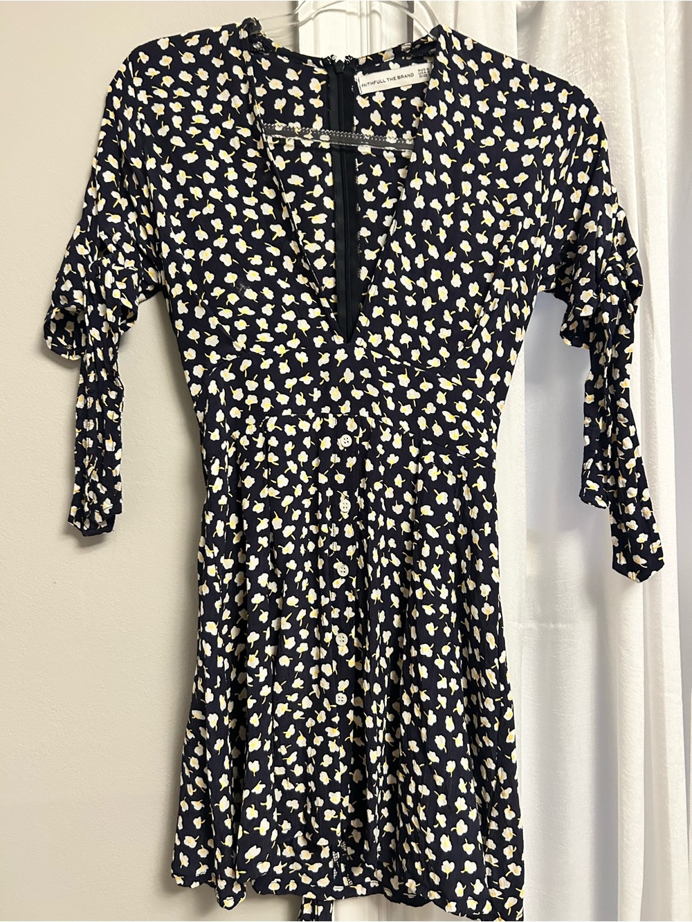 Faithfull the Brand Navy Floral Mini Dress Size 2 XS Button Front Tie Waist